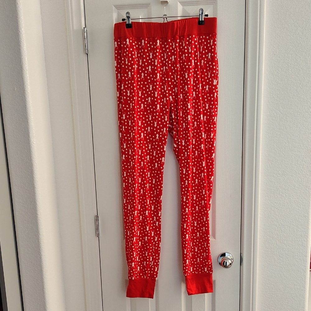 Red And White Pattern Jogger Pajama Pants Deer And Polka Dots Size XL